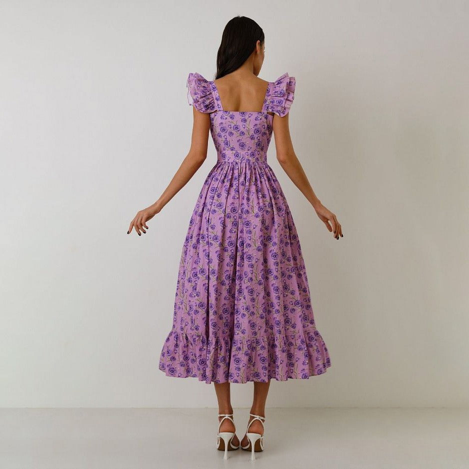 Langes Kleid mit Blumenmuster und quadratischem Ausschnitt - Camille
