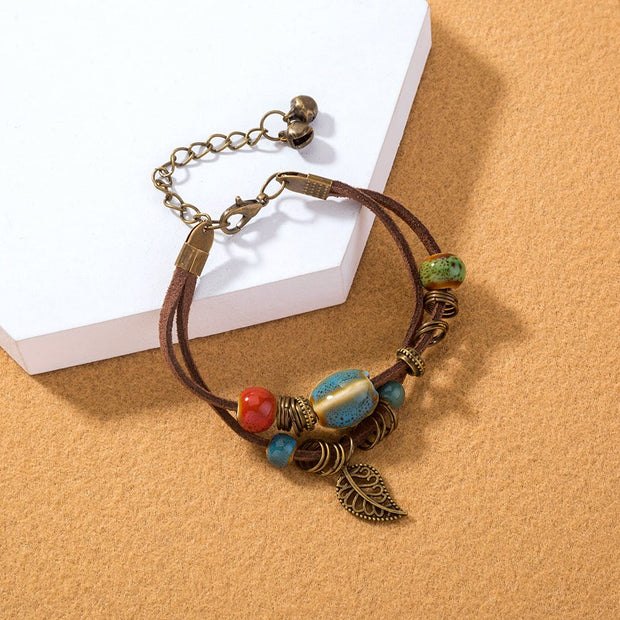 Bracelet femme bohème en cuir fait main avec perles en céramique - Lantana
