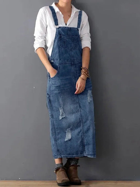 Robe à bavette en jean distressed avec fente dans le dos - Lara