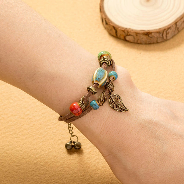 Bracelet femme bohème en cuir fait main avec perles en céramique - Lantana