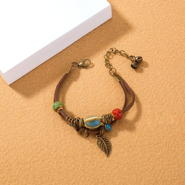 Bracelet femme bohème en cuir fait main avec perles en céramique - Lantana