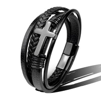Bracelet homme en cuir tressé avec croix en acier inoxydable - Sentinel
