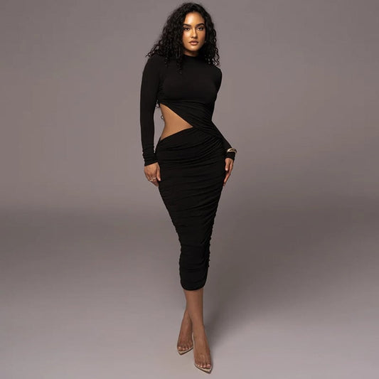 Robe ajustée à manches longues avec fente latérale et drapé pour femmes - Arvena