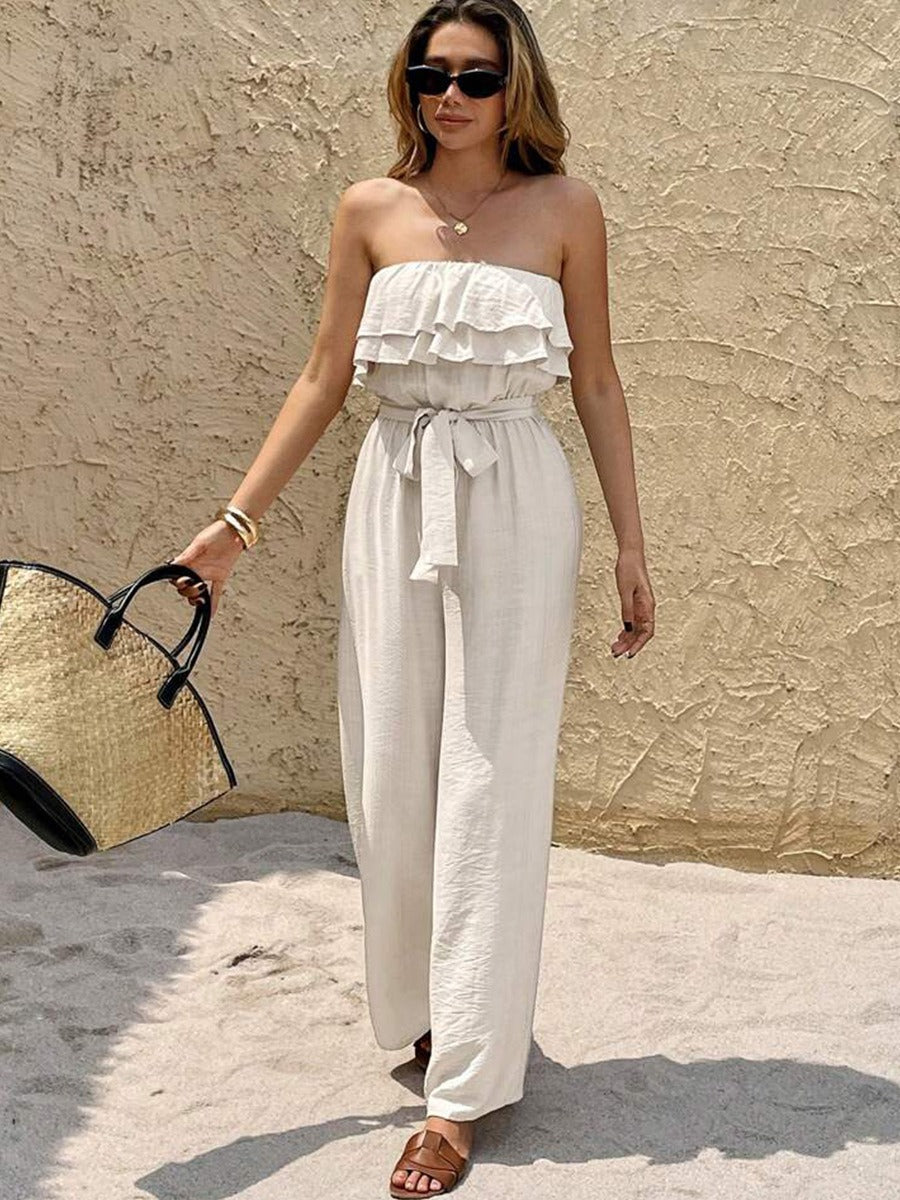 Langer Jumpsuit mit trägerlosem Ausschnitt und Rüschen - Noelia