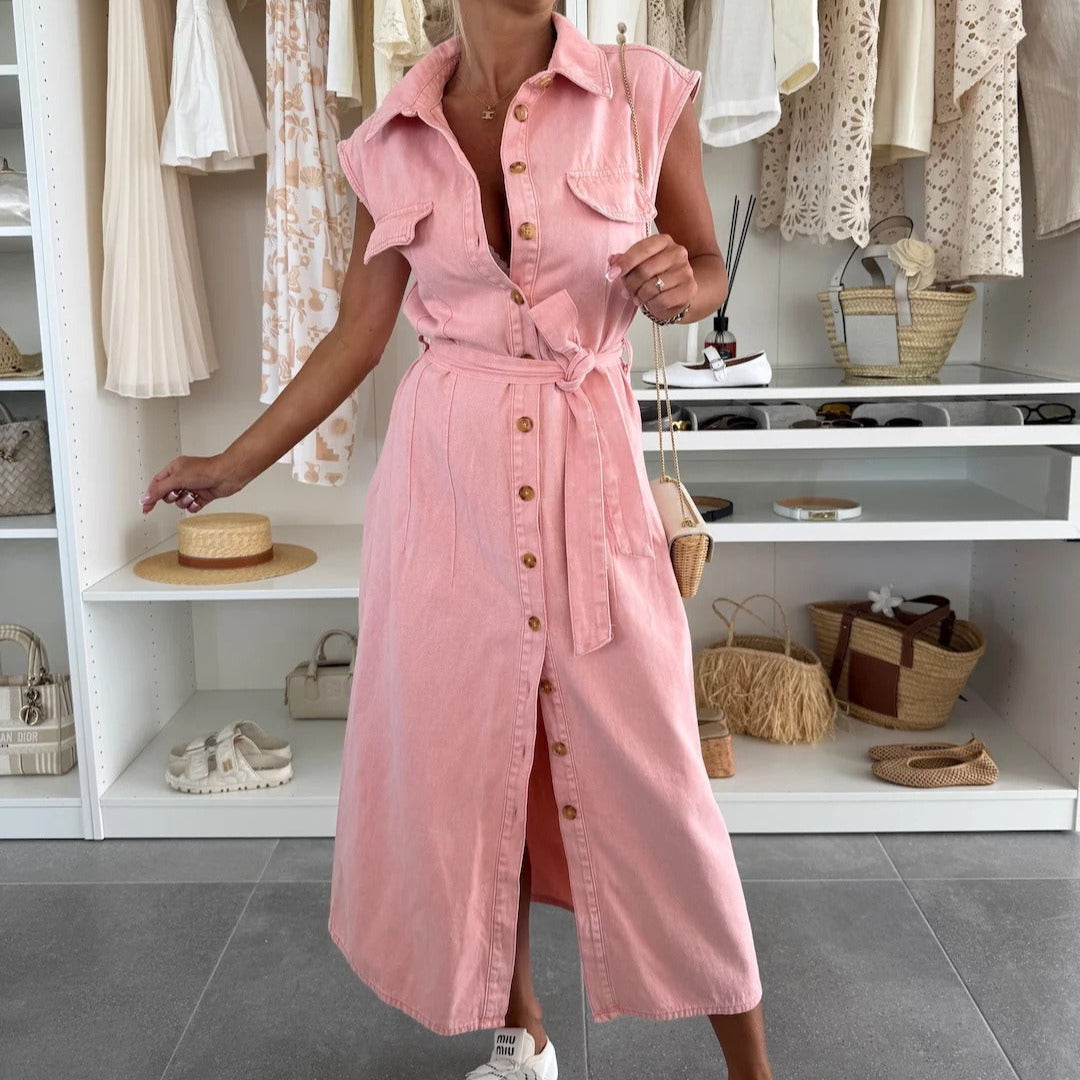 Damen Midikleid Denim ärmellos mit Knöpfen und Gürtel - Estelle