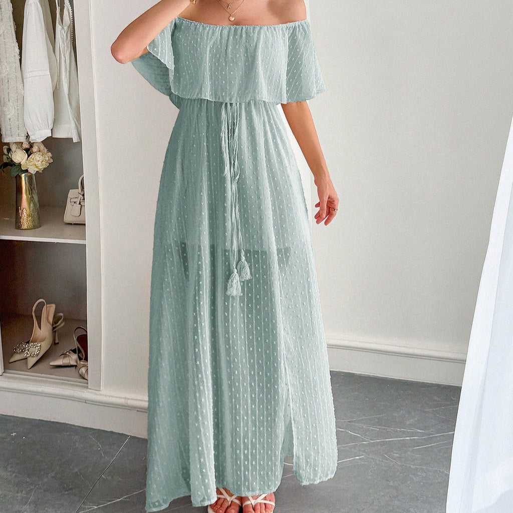 Langes Kleid aus Plumeti-Chiffon mit fließendem Bootsausschnitt - Noelia