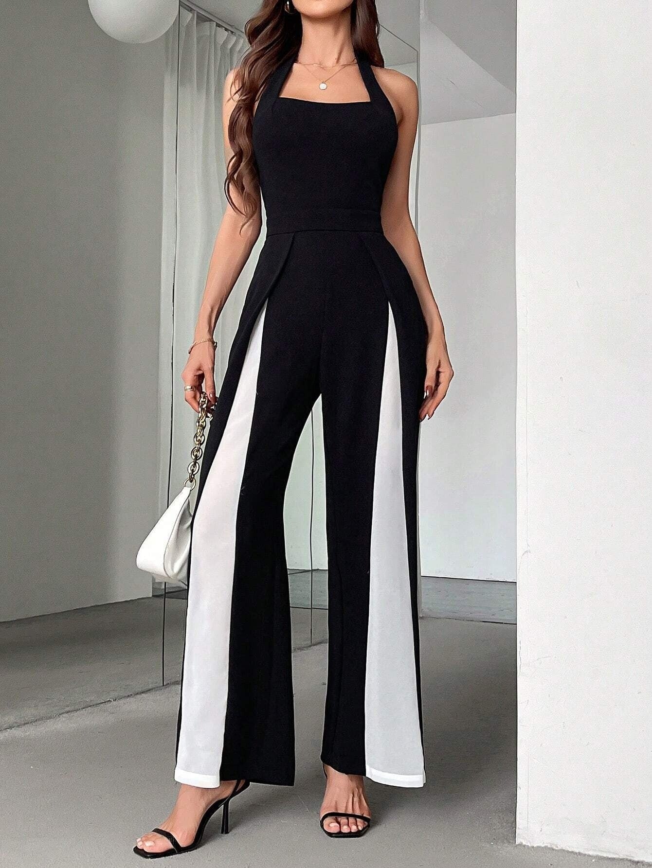 Zweifarbiger Damen-Overall mit Neckholder-Ausschnitt im eleganten Stil - Juliana