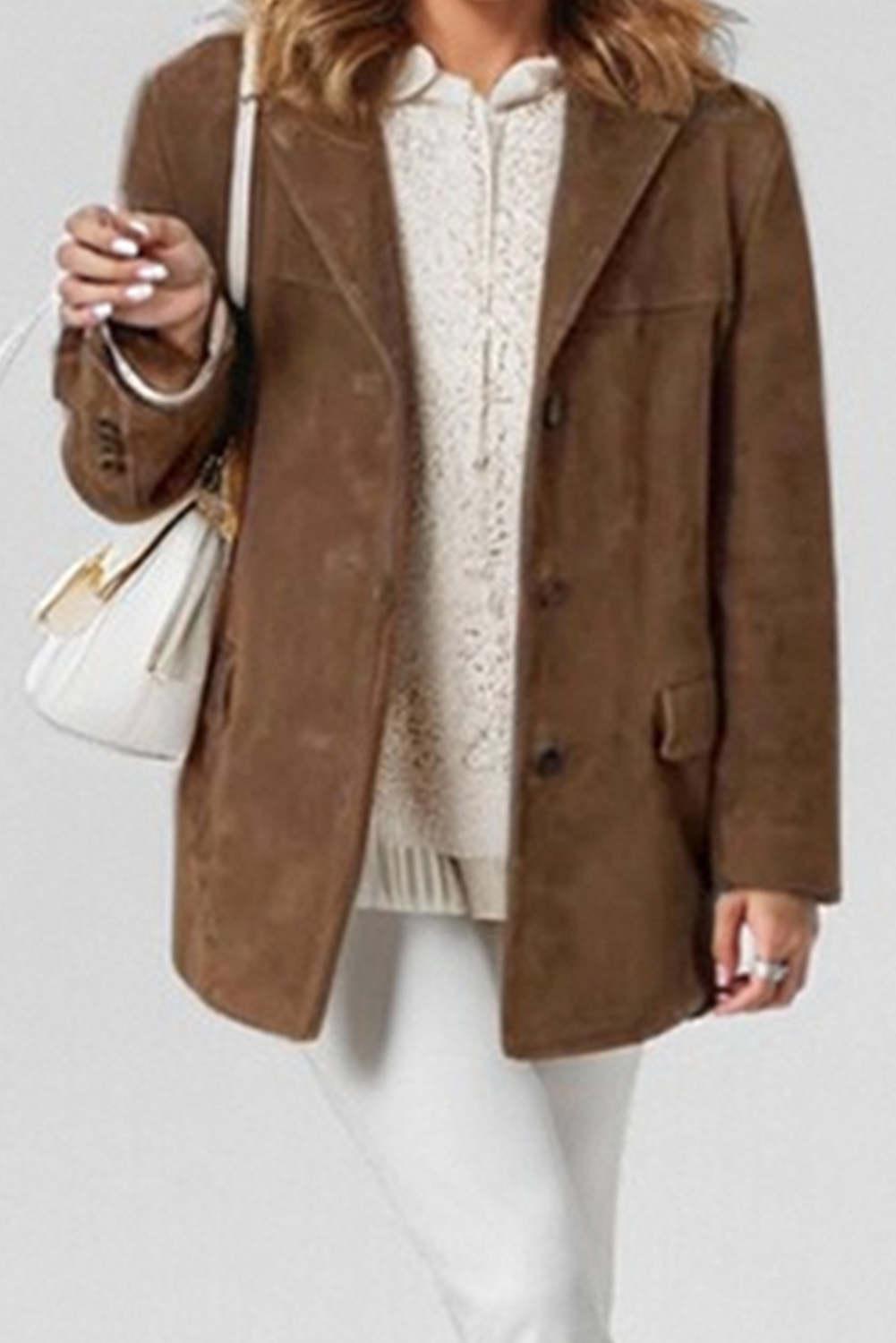 Coralie - Vintage-Kaffeejacke mit Revers, Pattentaschen und Knöpfen