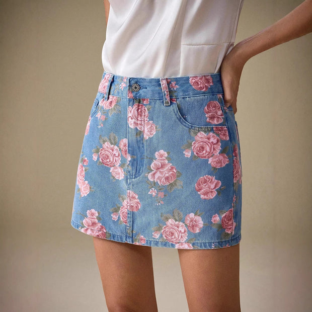 Jupe en denim à imprimé floral et coupe droite pour femmes - Letty