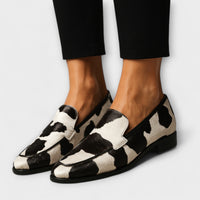 Damen Loafer Felloptik Kuhflecken-Print schwarz weiß flache Sohle – Kary