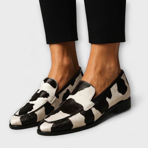 Damen Loafer Felloptik Kuhflecken-Print schwarz weiß flache Sohle – Kary