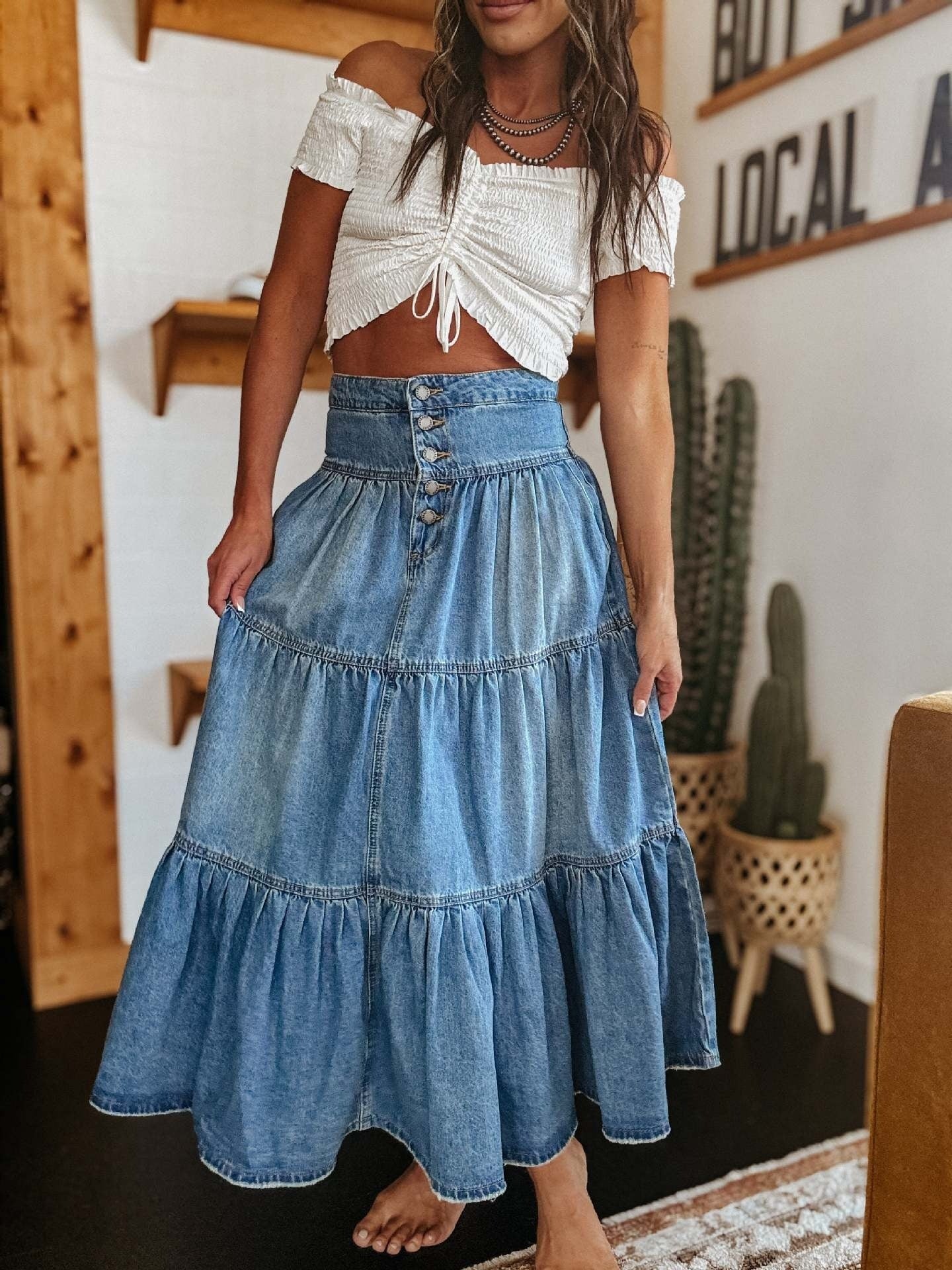 Langer Jeansrock mit Rüschen im Bohème-Stil für Frauen - Alaya