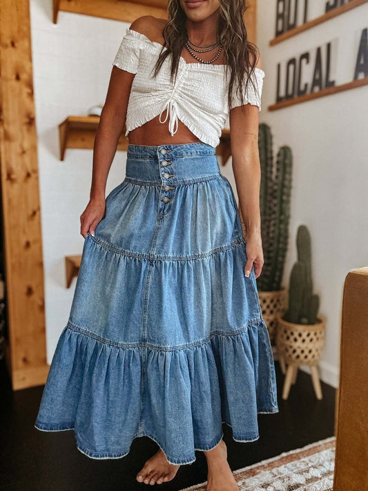 Jupe longue en denim à volants style bohème - Alaya