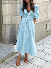 Jacqueline - Linen Cotton Tie Front Midi Dress