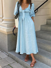 Jacqueline - Linen Cotton Tie Front Midi Dress