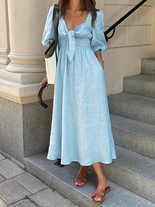 Jacqueline - Linen Cotton Tie Front Midi Dress