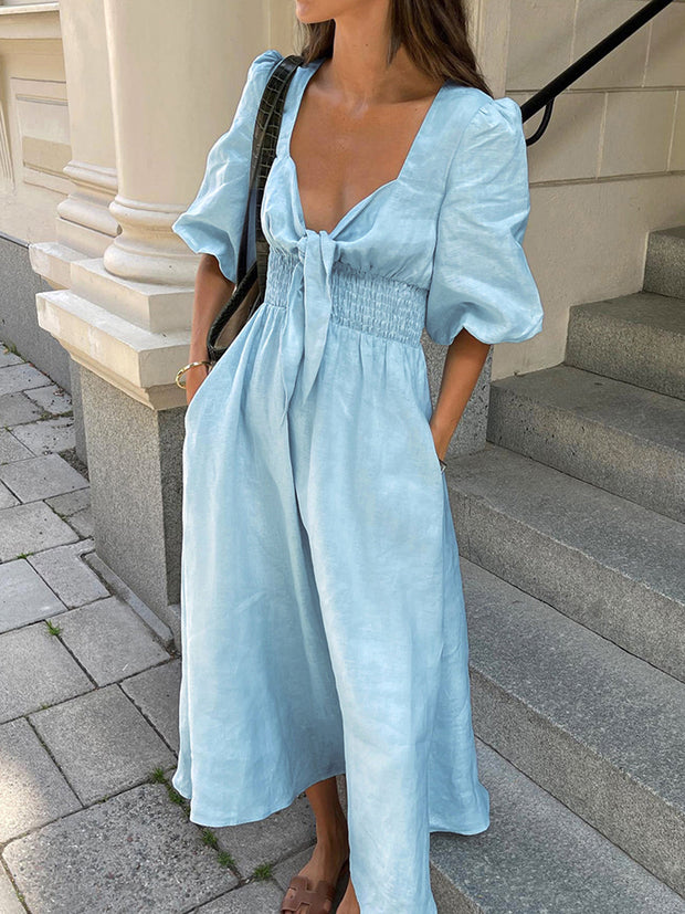 Jacqueline - Linen Cotton Tie Front Midi Dress