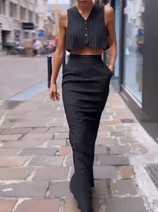 Gilda - Pinstripe Button Crop Two Pieces Skirt Set