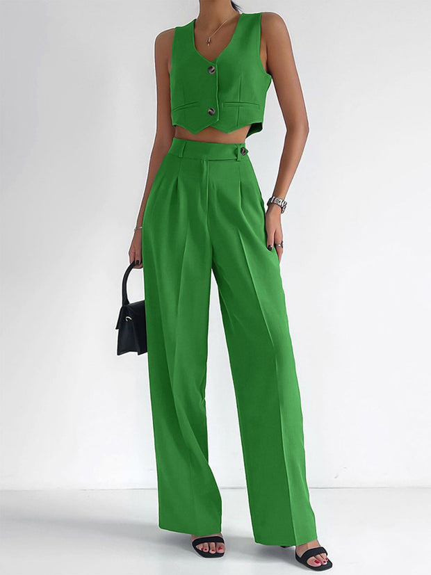 Velia - Ensemble gilet et pantalon unis à boutons