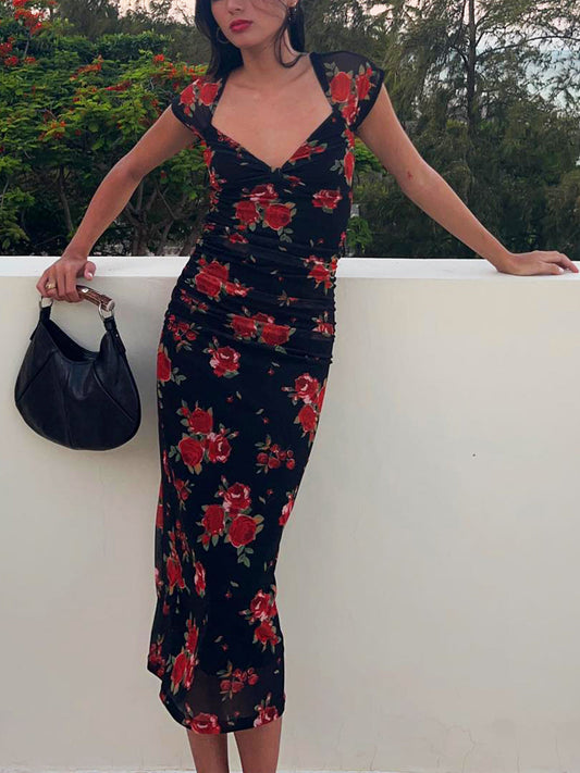 Júlia - Robe midi froncée sur le côté à imprimé floral
