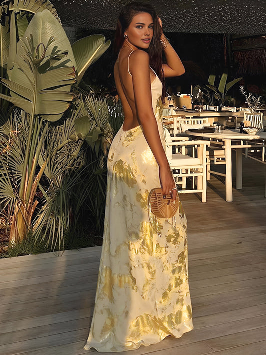 Jade - Robe Longue à Imprimé Métallique, Décolleté en V et Dos Nu