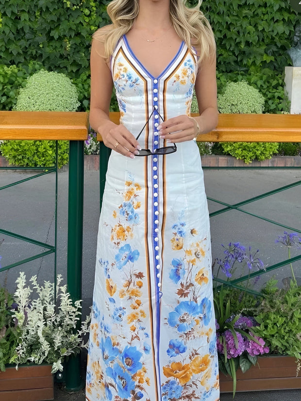 Keira - Robe longue dos nu à imprimé floral décontracté