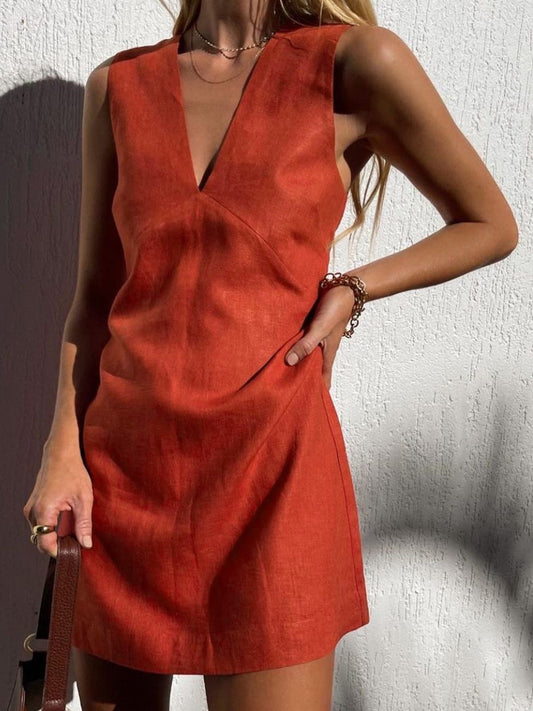 Clarise - Robe courte à col V en coton et lin