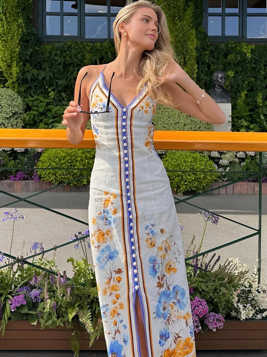 Keira - Robe longue dos nu à imprimé floral décontracté