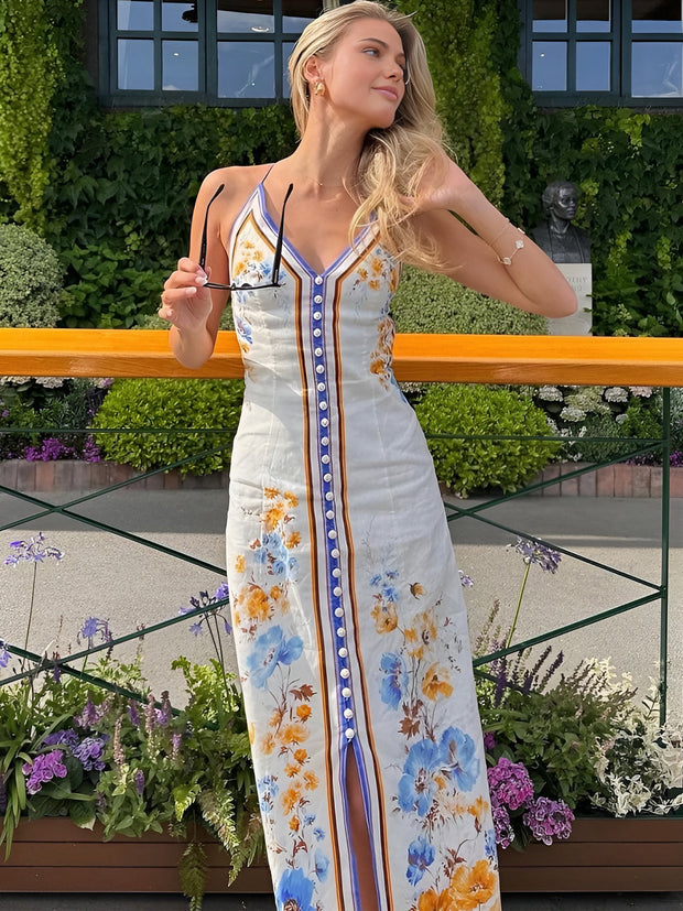 Keira - Robe longue dos nu à imprimé floral décontracté