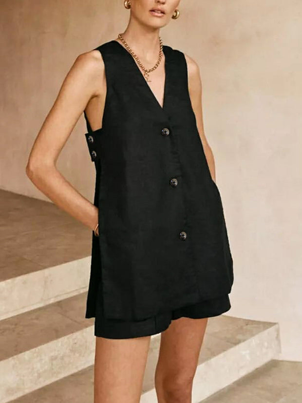 Silvia - Ensemble gilet sans manches à col en V et short taille haute