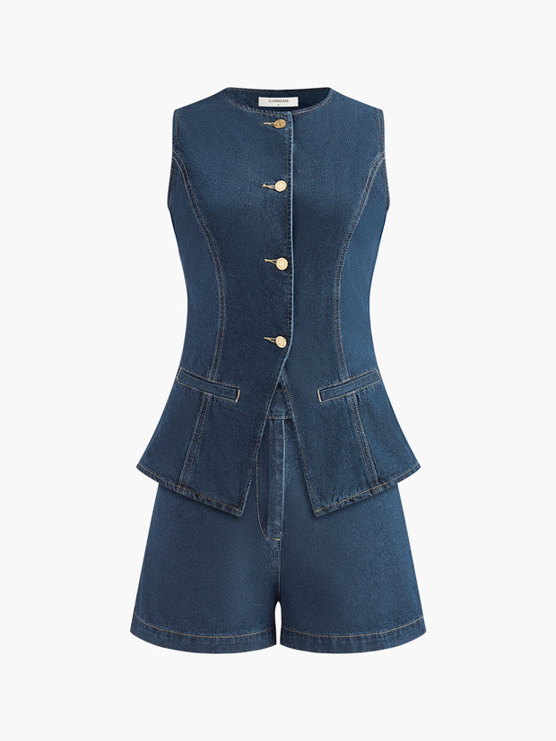 Saula - Ensemble gilet péplum en denim et short
