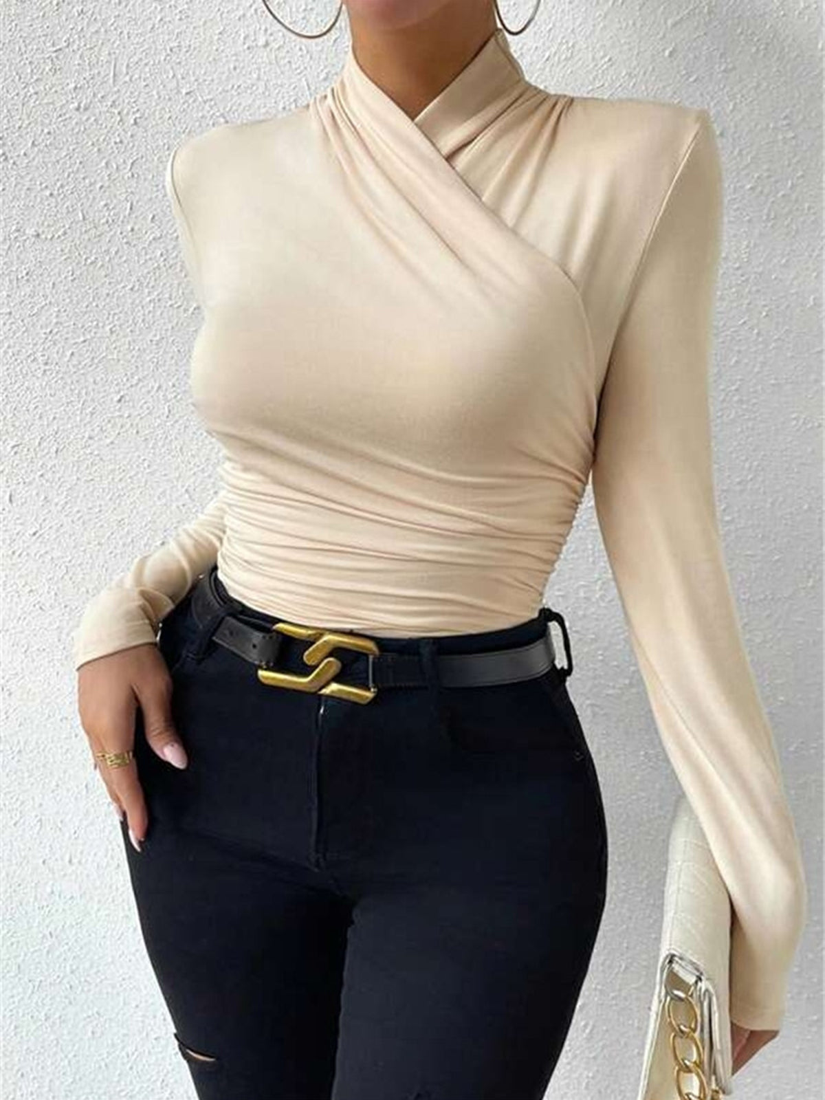 Gestricktes Damen-T-Shirt mit Stehkragen - Sigrunel