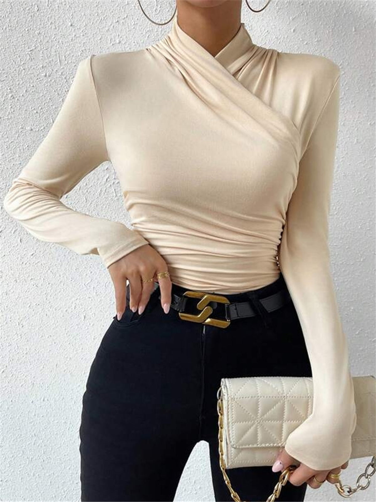 Gestricktes Damen-T-Shirt mit Stehkragen - Sigrunel