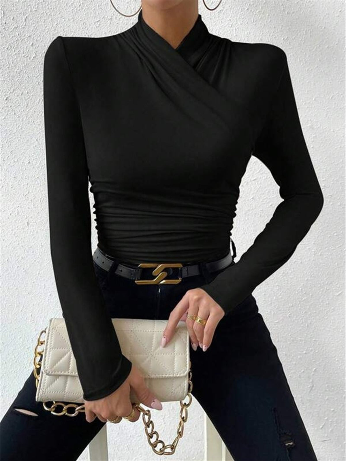 Gestricktes Damen-T-Shirt mit Stehkragen - Sigrunel
