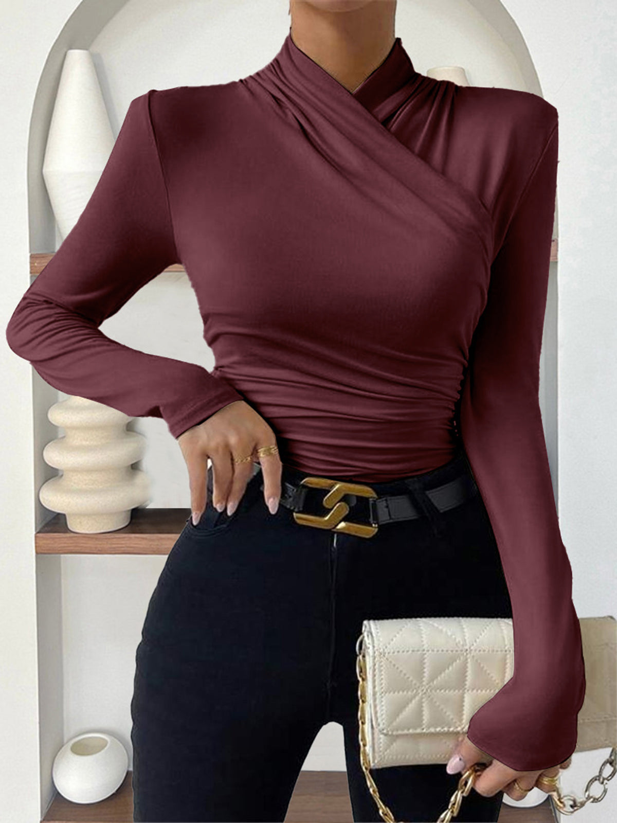 Gestricktes Damen-T-Shirt mit Stehkragen - Sigrunel