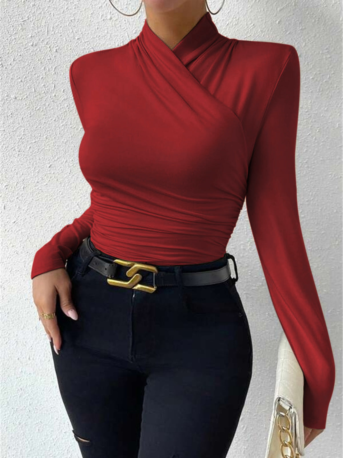 Gestricktes Damen-T-Shirt mit Stehkragen - Sigrunel