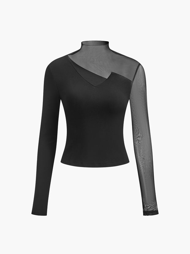 Layla - T-shirt asymétrique à empiècements en maille transparente