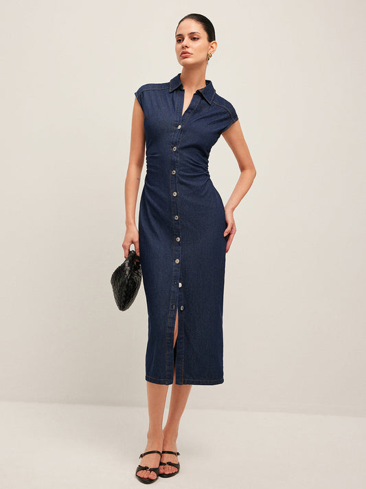 Alessia - Robe en jean sans manches à col en V et à boutons