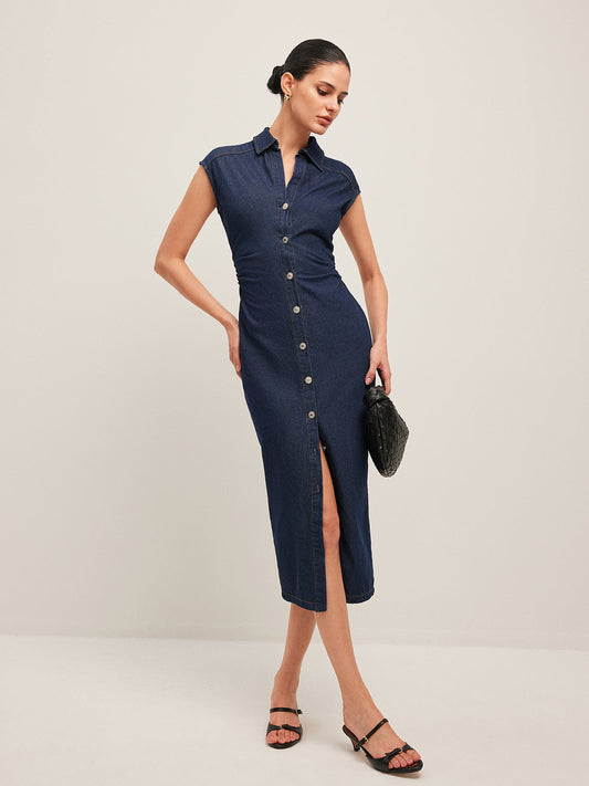 Alessia - Robe en jean sans manches à col en V et à boutons