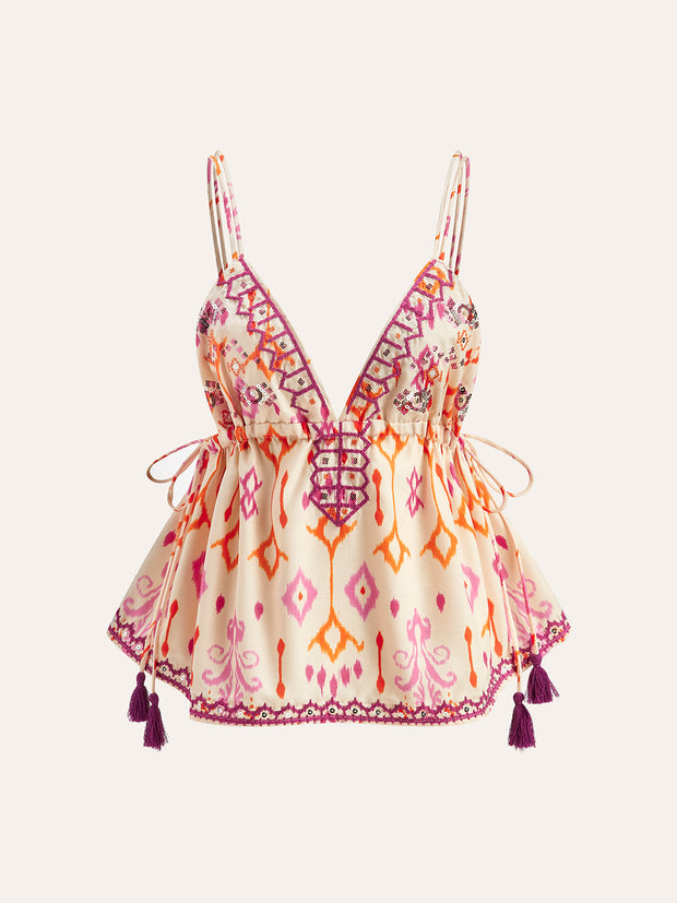 Nora - Top Cami brodé à nouettes Boho