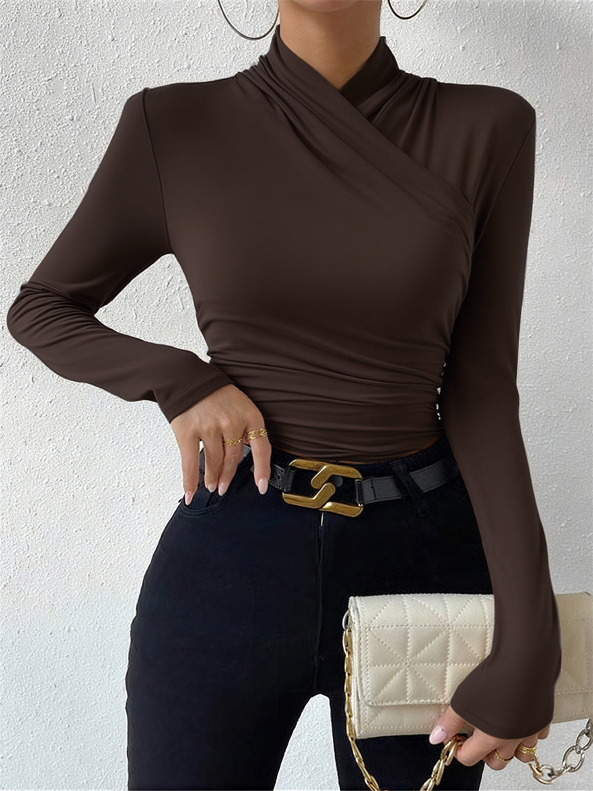 Gestricktes Damen-T-Shirt mit Stehkragen - Sigrunel
