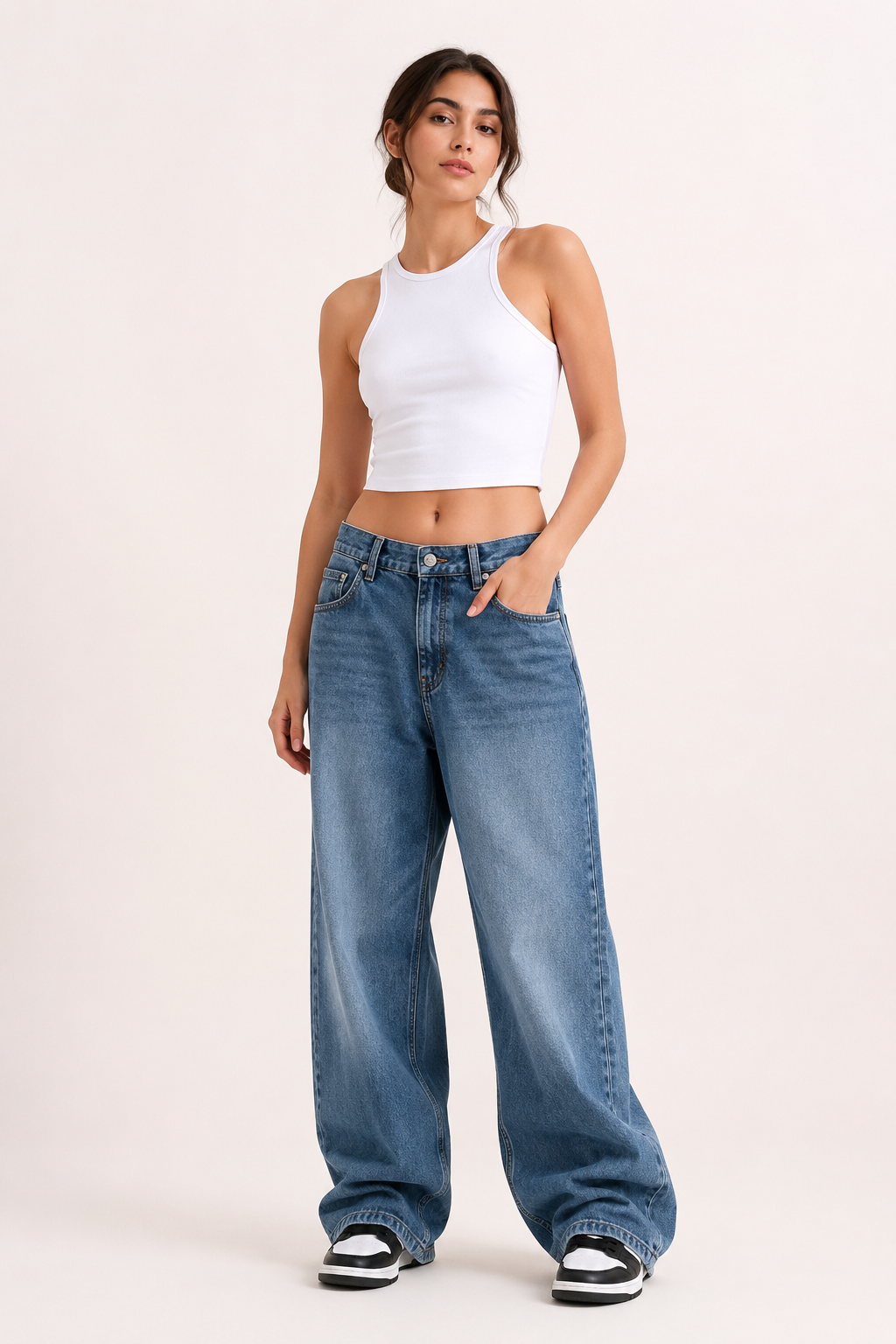 Baggy-Jeans für Damen mit weitem Bein, heller Waschung und langem Saum – Helga