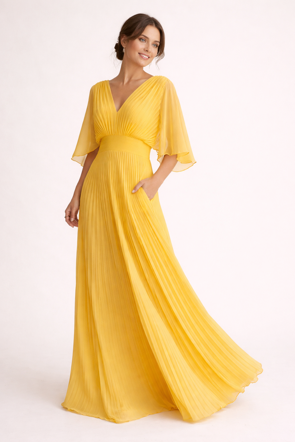 Langes plissiertes Damenkleid mit kurzen Ärmeln und elegantem V-Ausschnitt - Norevia