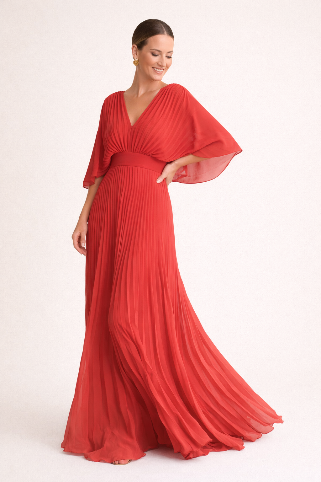 Langes plissiertes Damenkleid mit kurzen Ärmeln und elegantem V-Ausschnitt - Norevia