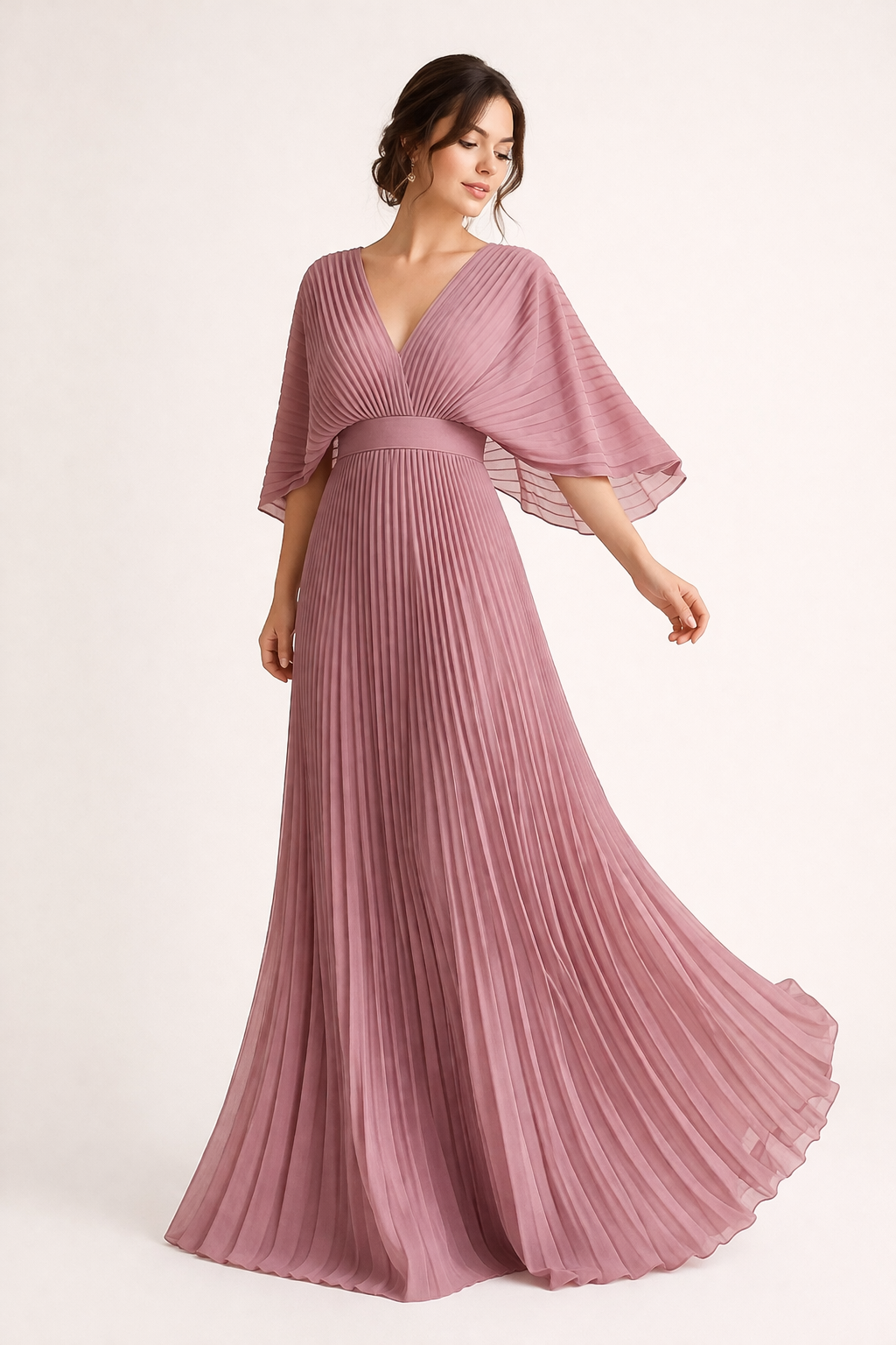 Langes plissiertes Damenkleid mit kurzen Ärmeln und elegantem V-Ausschnitt - Norevia