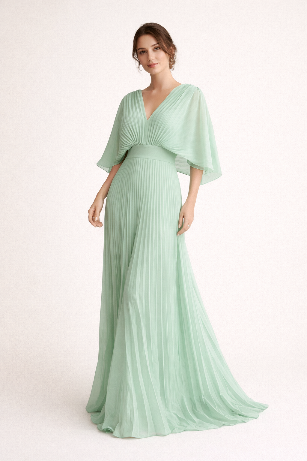 Langes plissiertes Damenkleid mit kurzen Ärmeln und elegantem V-Ausschnitt - Norevia