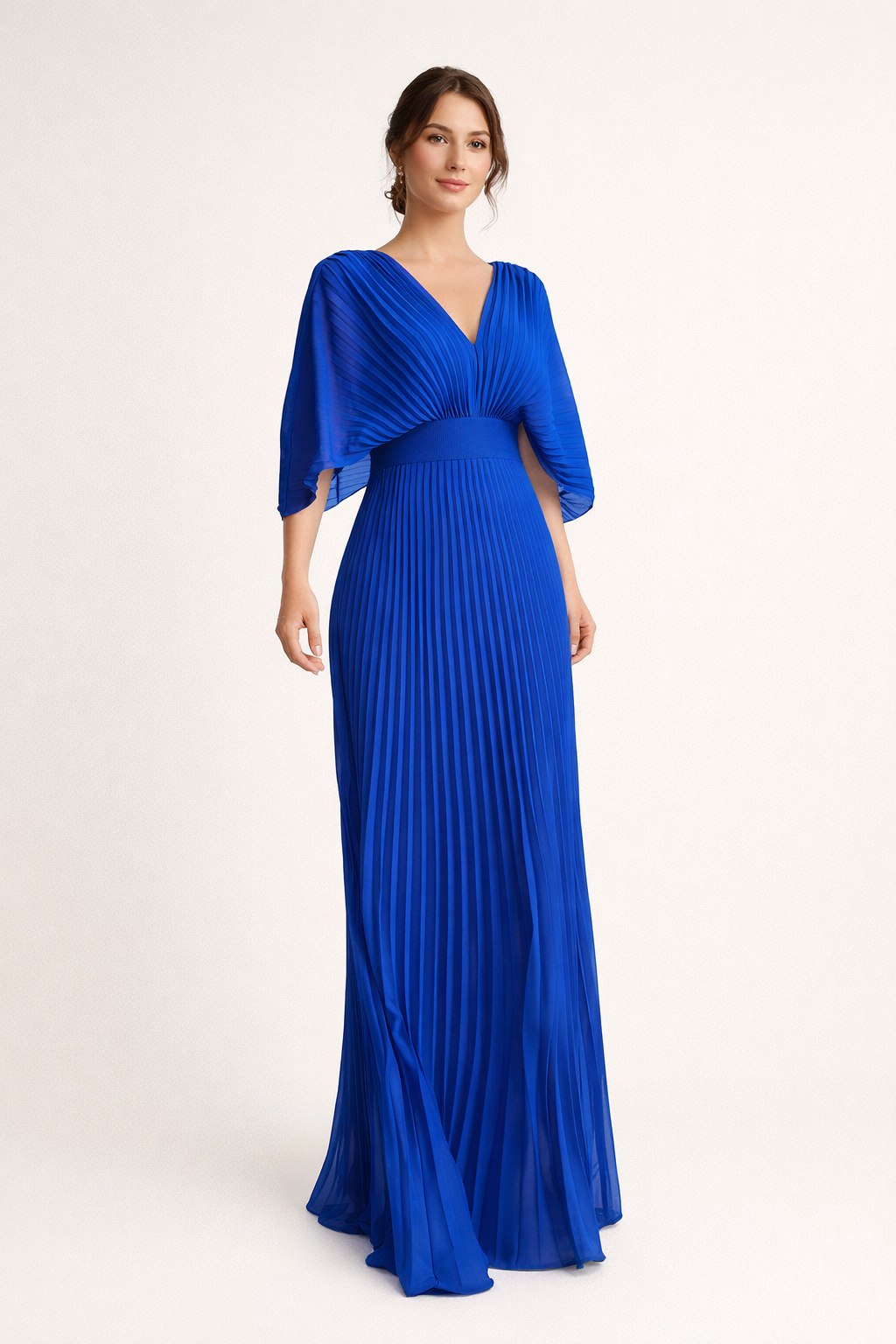 Langes plissiertes Damenkleid mit kurzen Ärmeln und elegantem V-Ausschnitt - Norevia