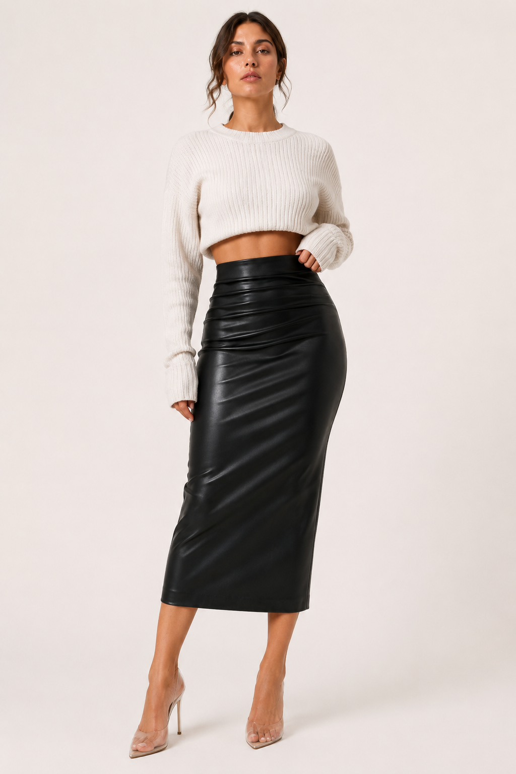 PU-Midirock für Damen mit hoher Taille und Raffung – Siglinde