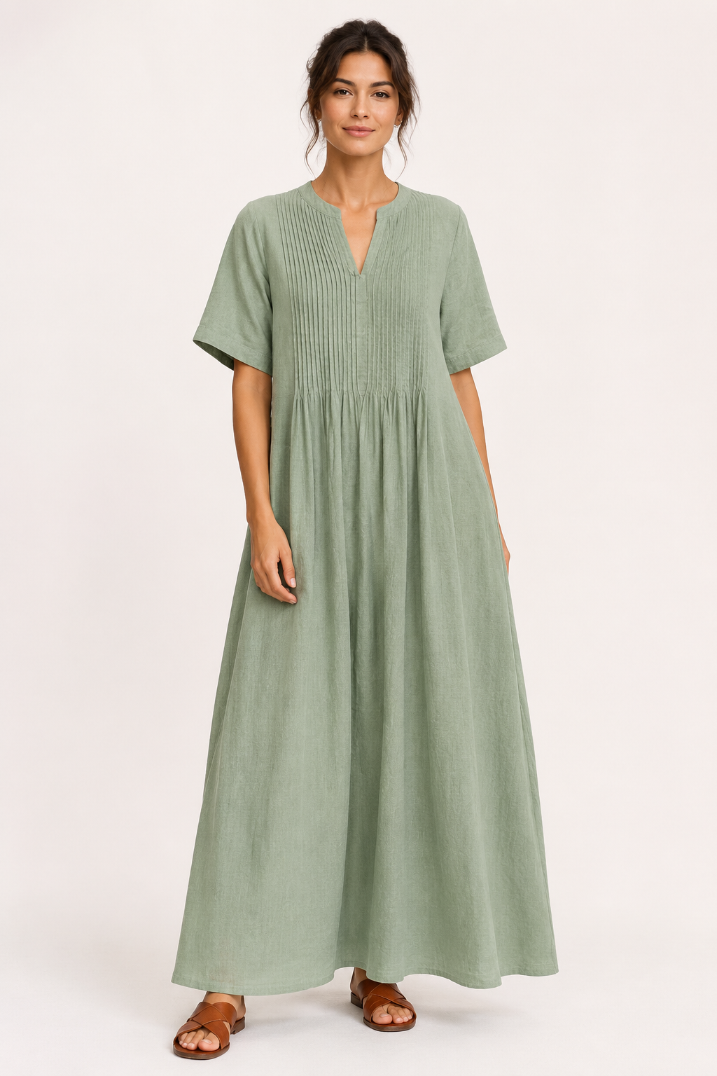 Langes Damenkleid mit V-Ausschnitt, kurzen Ärmeln, Falten und Taschen – Eilika