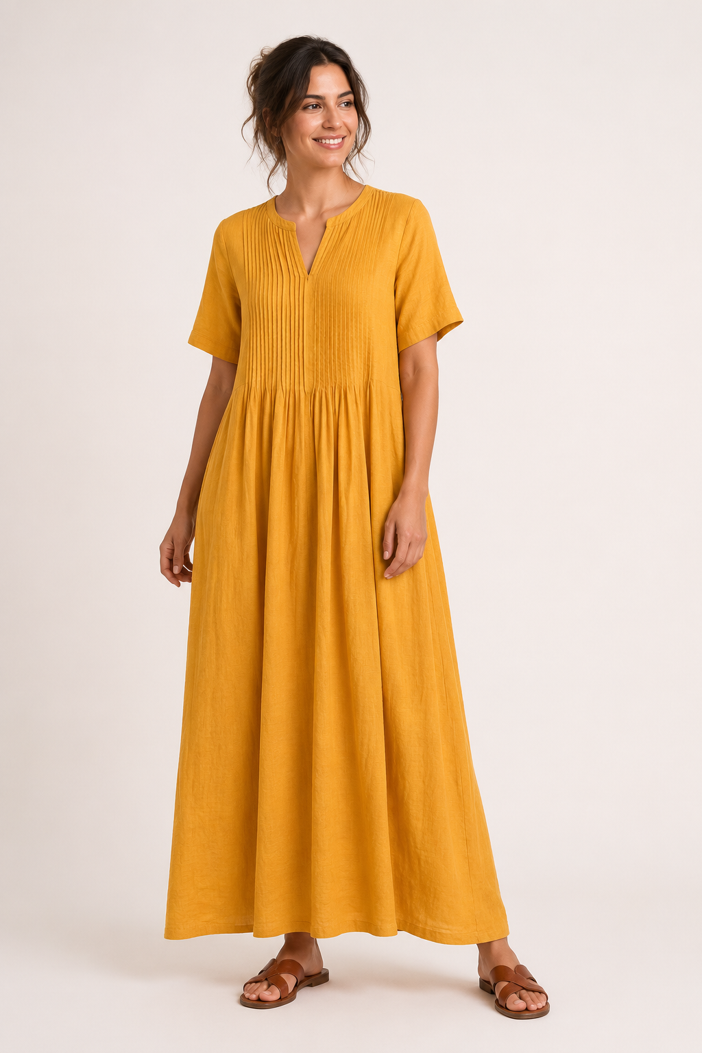 Langes Damenkleid mit V-Ausschnitt, kurzen Ärmeln, Falten und Taschen – Eilika